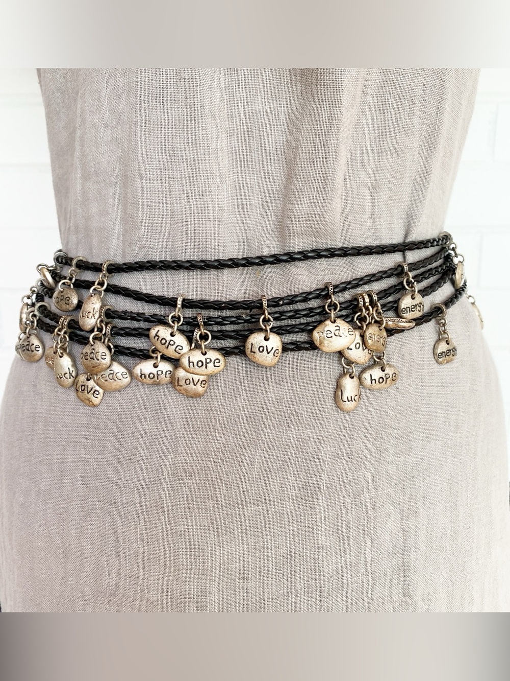 Vintage Chicos Charms Belt Women's Size 24"-49" Black Silver Tone Multi Strand